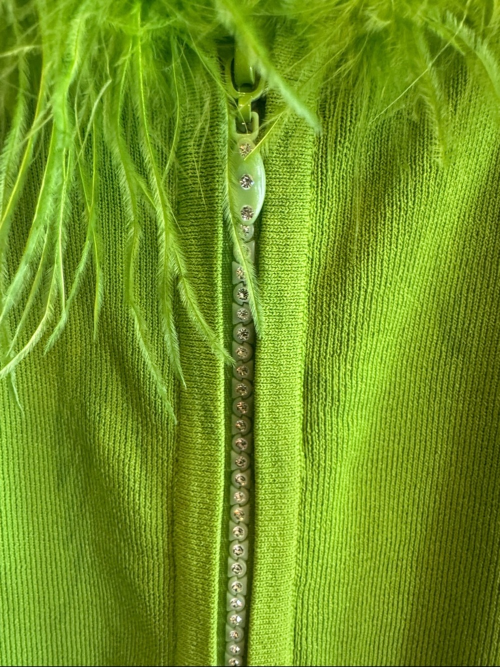 Y2K Lime Green Feather Trim Zip Cardigan - Picture 4 of 6